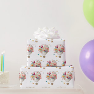 Papel De Presente Balão Elegante de Ar Quente e Flores de Aquarela