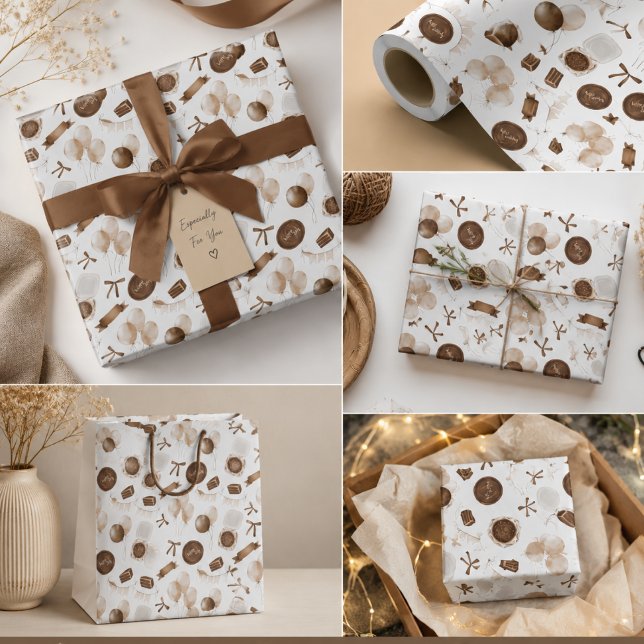 Papel De Presente Balão Marrom Terroso e Bento Cake de Aniversário  (Criador carregado)