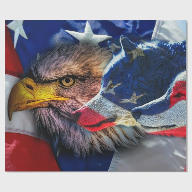 Papel De Presente Bald Eagle Wolf American Flag (Aberto)