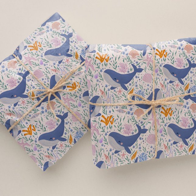 Papel De Presente Baleia Adorável e Vida Marítima (Criador carregado)