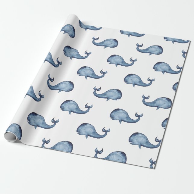 Papel De Presente Baleia azul. Padrão de marinho náutico. Animais ma (Desenrolado)