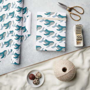 Papel De Presente Baleia Azul Padrão Oceano