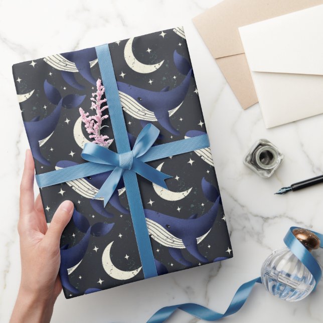 Papel De Presente Baleia nas Estrelas com lua em azul escuro (Presentear)