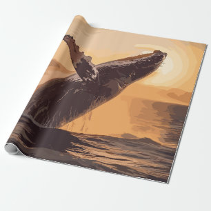 Papel De Presente Baleia Saltando Pôr Do Sol Sobre Arte De Aquarela