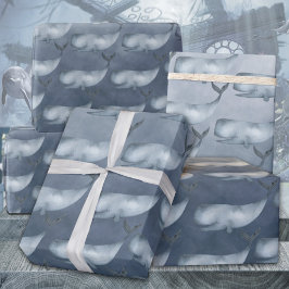 Papel De Presente Baleias Azuis Sob A Cor Da Água Do Oceano Azul Pro