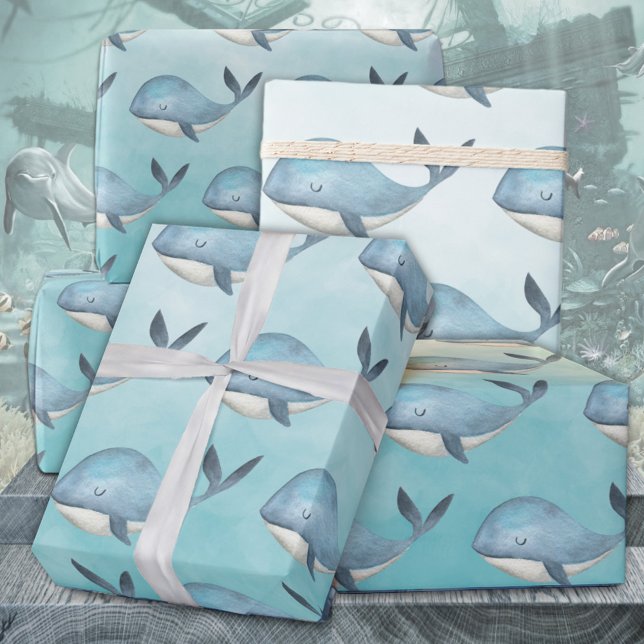 Papel De Presente Baleias Azuis Sob O Mar Azul Caribe (Baby Blue Whales Under The Deep Blue Sea Kids Gift Wrapping Paper Rolls)