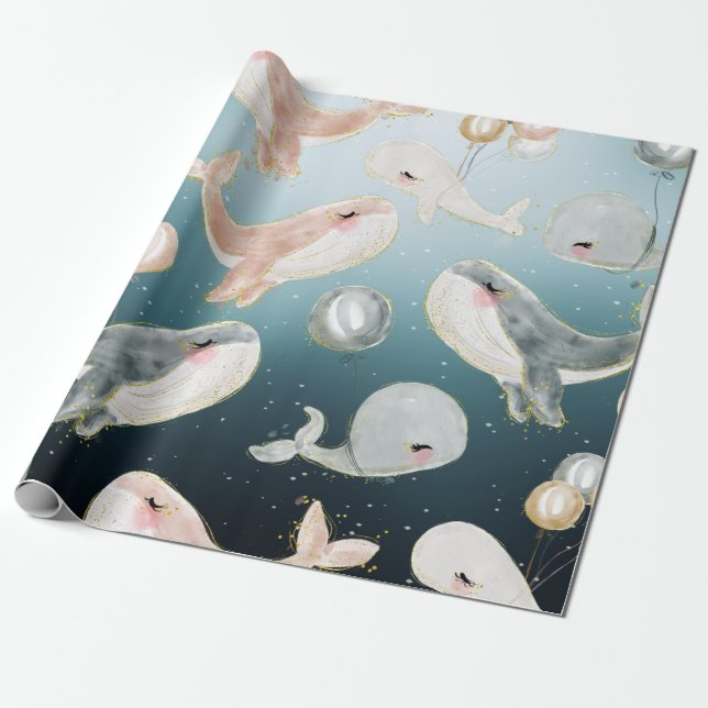 Papel De Presente Baleias de Aquarela Fofa no Mar Azul (Desenrolado)