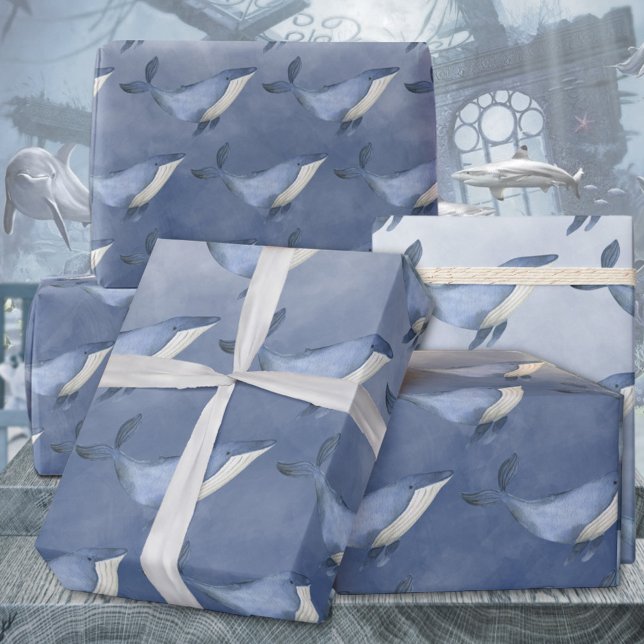 Papel De Presente Baleias-jubarte Sob O Mar Azul Profundo Embalagem  (Baby Blue Humpback Whales Under The Deep Blue Sea Kids & Adults Gift Wrapping Paper Rolls)