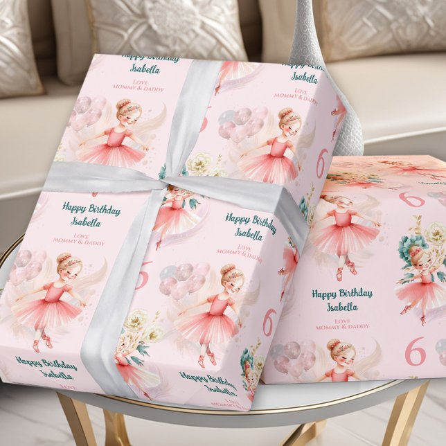 Papel De Presente Ballerina Rosa Ballerina Birthday Blona Nome Perso (Pink Ballerina Girl Birthday Blonde Custom Name Wrapping Paper)