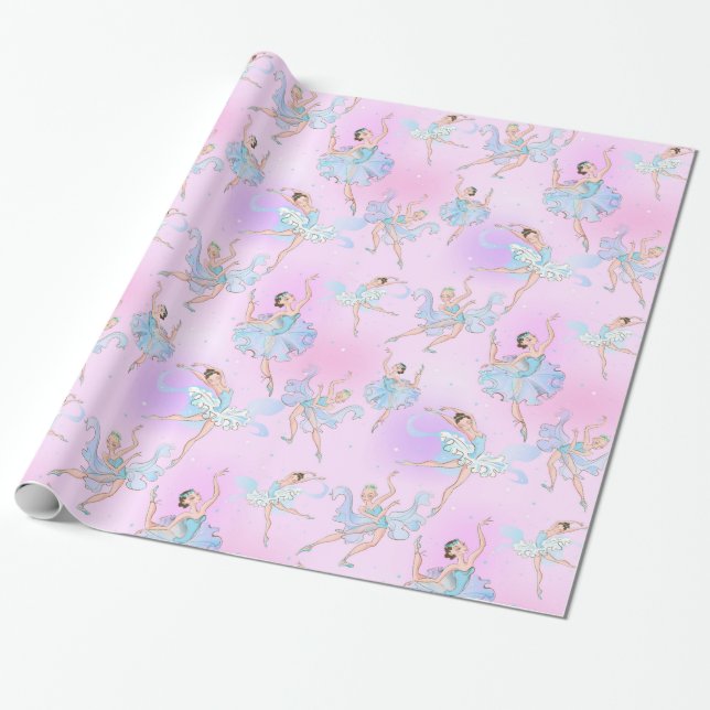 Papel De Presente Ballerinas Dançantes Com Padrão Rosa De Aqua (Desenrolado)
