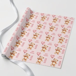 Papel De Presente Baloão Rosa Fofo Ursinho de Pelúcia Feliz Aniversá
