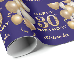 Papel De Presente Balões Azuis e Glitter Dourados do Marinho