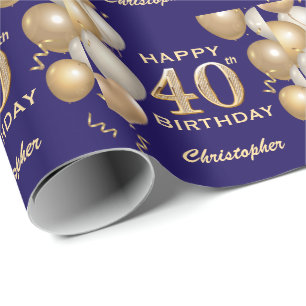 Papel De Presente Balões Azuis e Glitter Dourados do Marinho