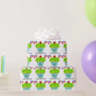 Papel De Presente Balões de Aniversário Amarelo Verde Cupcake QUALQU