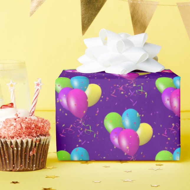 Papel De Presente Balões de Aniversário com confetes em roxo (Festa de aniversário)