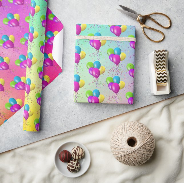 Papel De Presente Balões de Aniversário com Confetti no Arco-Íris (Artesanato)