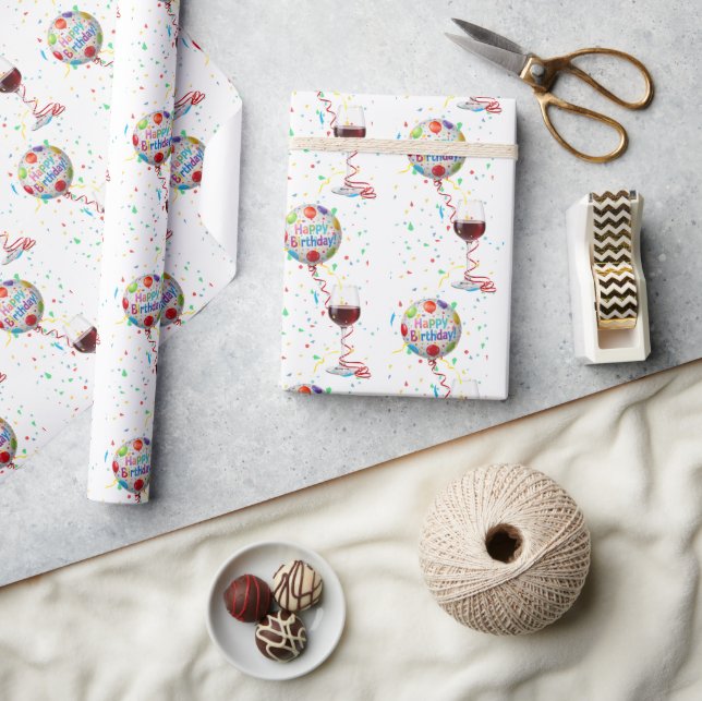 Papel De Presente Balões de Aniversário Com Vinho Tinto (Artesanato)