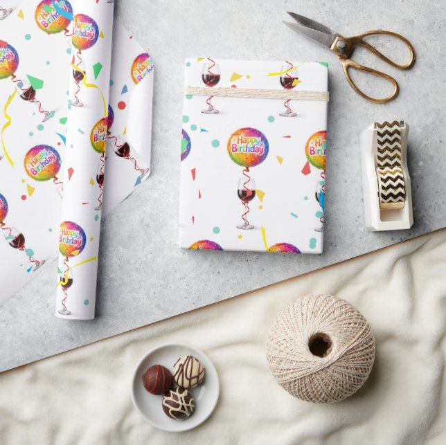 Papel De Presente Balões de Aniversário Com Vinho Tinto (Artesanato)