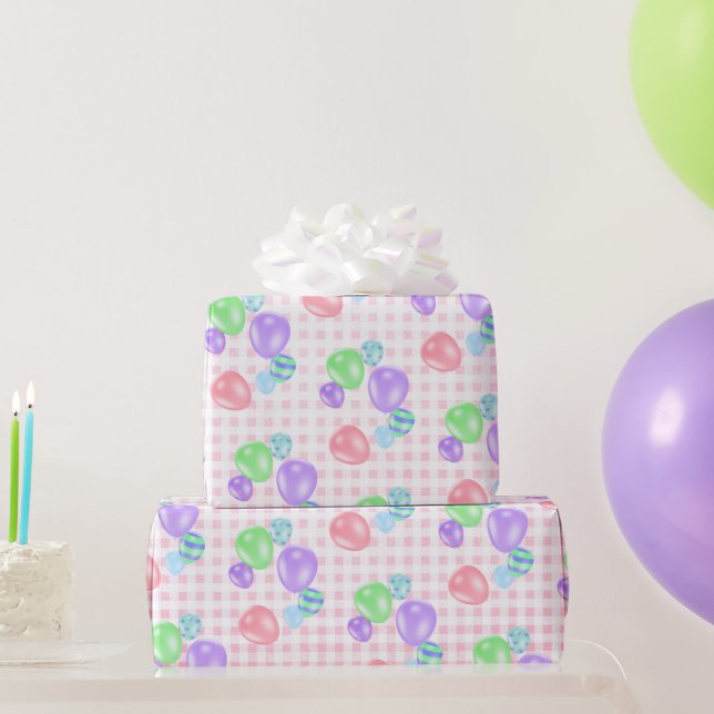 Papel De Presente Balões De Aniversário Em Gingham Rosa (Presentes para festas)