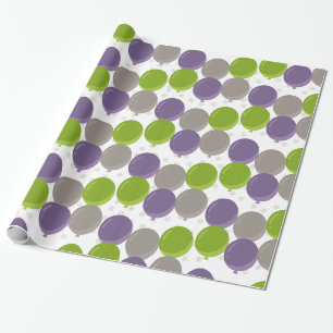 Papel De Presente Balões de Aniversário Roxo Verde e Cinza