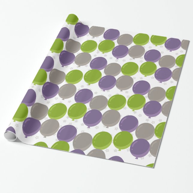 Papel De Presente Balões de Aniversário Roxo Verde e Cinza (Desenrolado)