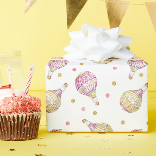 Papel De Presente Balões de Ar Quente Dourados Rosa Confetti (Festa de aniversário)