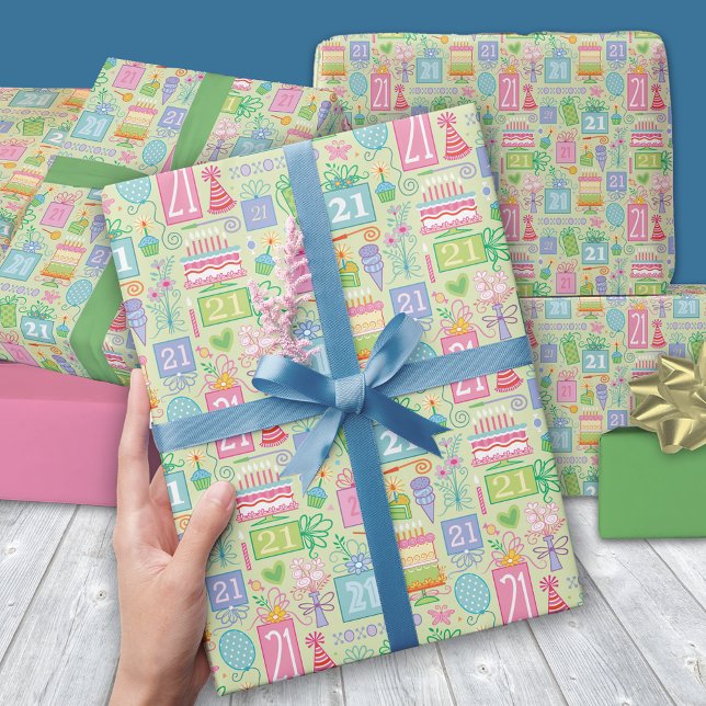 Papel De Presente Balões de Bolo de aniversário de 21 anos que apres (Criador carregado)