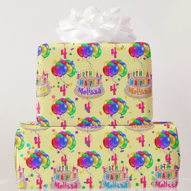 Papel De Presente Balões de Bolo de Aniversário Personalizar NOME AG (Criador carregado)