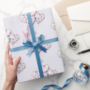 Papel De Presente Balões de Coração Floral Roxo Lavanda para o Dia d