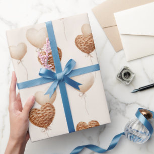 Papel De Presente Balões de Coração Marrom Creme Amor no Ar