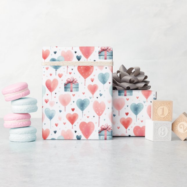 Papel De Presente Balões de Coração Românticos e Presentes Padrão de (Chá de bebê)