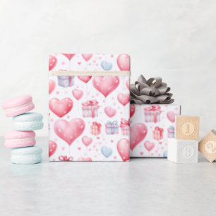Papel De Presente Balões de Coração Rosa e Caixas de Presente Caixas