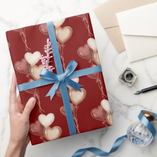 Papel De Presente Balões de Coração Vermelho Creme Amor 