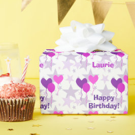 Papel De Presente Balões de lavanda Estrelas Personalizadas Aniversá