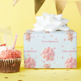 Papel De Presente Balões de Urso de Pelúcia Borboletas Feliz Anivers