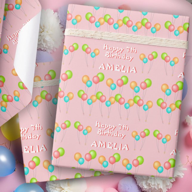 Papel De Presente Balões do Partido Rosa Crianças Felizes Aniversári (Criador carregado)
