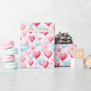 Papel De Presente Balões Flutuantes de Coração, Rosa e Azul