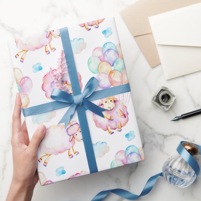 Papel De Presente Balões Flutuantes Nuvens de Borregos em Pastéis (Presentear)