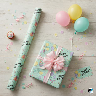 Papel De Presente Balões Pastéis e Cupcakes Feliz Aniversário