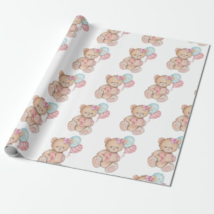 Papel De Presente Balões Rosa e Azul e Urso de Pelúcia Bebê Menina