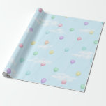 Papel De Presente Balões voando no céu azul com nuvens<br><div class="desc">Este design de papel embrulhado alegre tem balões coloridos pastéis voando através de um cheio azul de nuvens brancas lisas.</div>