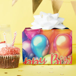 Papel De Presente Baloões de Arco-Íris de Aniversário Feliz