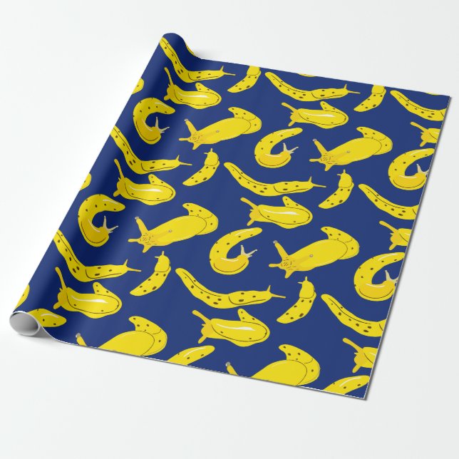 Papel De Presente Banana Slugs Amarelo-Brilho, Real Azul Padrão (Desenrolado)