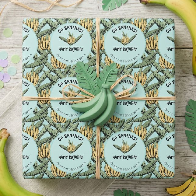 Papel De Presente Banana Turquesa Caprichosa (Tropical banana leaves and banana fruit illustrated pattern hand-drawn in black ink on turquoise.)