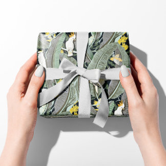Papel De Presente Banana Verde Quente Oasis Folha com Cockatoas