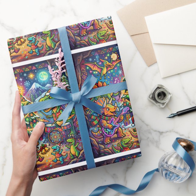 Papel De Presente Banda de Dinossauros Fofos Feliz Natal (Presentear)