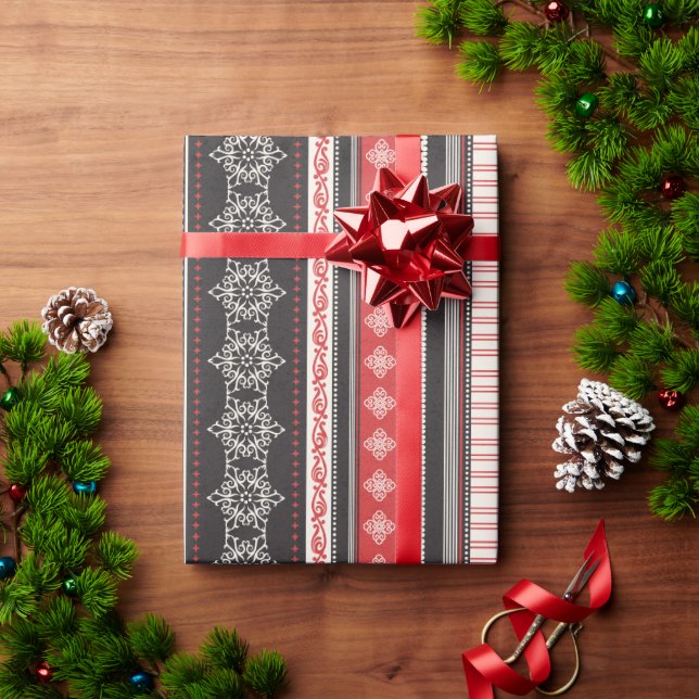 Papel De Presente Bandas de Natal com padrão de renas em flocos de n (Presente de Natal)