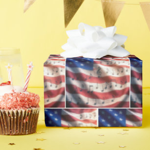 Papel De Presente Bandeira Americana Com Notas Musicais