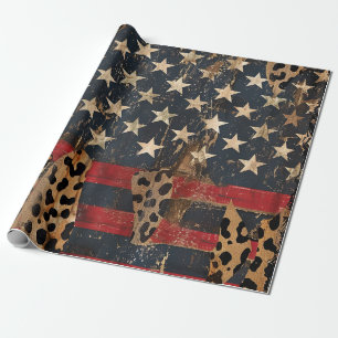 Papel De Presente Bandeira Americana Rústica com Estampa de Leopardo