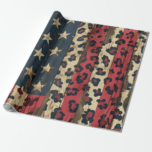 Papel De Presente Bandeira Americana Rústica com Estampa de Leopardo